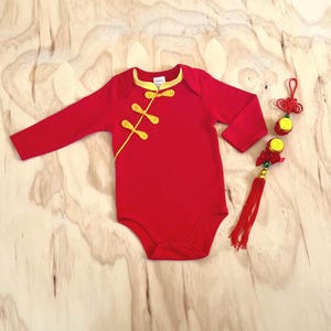 Baby Qipao,Chinese Traditional Baby Boy Baby Girl Cheongsam,Long Sleeve Bodysuit,Red Egg Party,100 Day,Birthday,Red,Gold Collar,Side Button