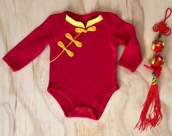 Baby Qipao, Chinese Traditional Baby Boy Baby Girl Bodysuit Long Sleeve Cheongsam, Red Egg Party,  100 Day, Birthday Gold Collar Side Button