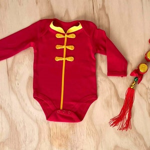 Baby Qipao,Chinese Traditional Baby Boy Baby Girl Cheongsam,Long Sleeve Bodysuit,Red Egg Party,100 Day,Birthday,Red with Gold Collar