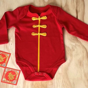 12 Month Baby Qipao, Chinese Traditional Baby Boy Baby Girl Cheongsam,Long Sleeve Bodysuit,1 year Birthday, Red w Red Collar,Straight Button