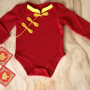 12 Month Baby Qipao,Chinese Traditional Baby Boy Baby Girl Cheongsam,Long Sleeve Romper,Bodysuit,1 year Birthday,Red,Gold Collar,Side Button