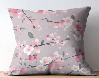 Japanese Sakura Cherry Blossom Cushion Cover, PolyLinen Throw Pillow, Double Sided Print Kanji Letter Japan Decorative Pillows, Floral Japan