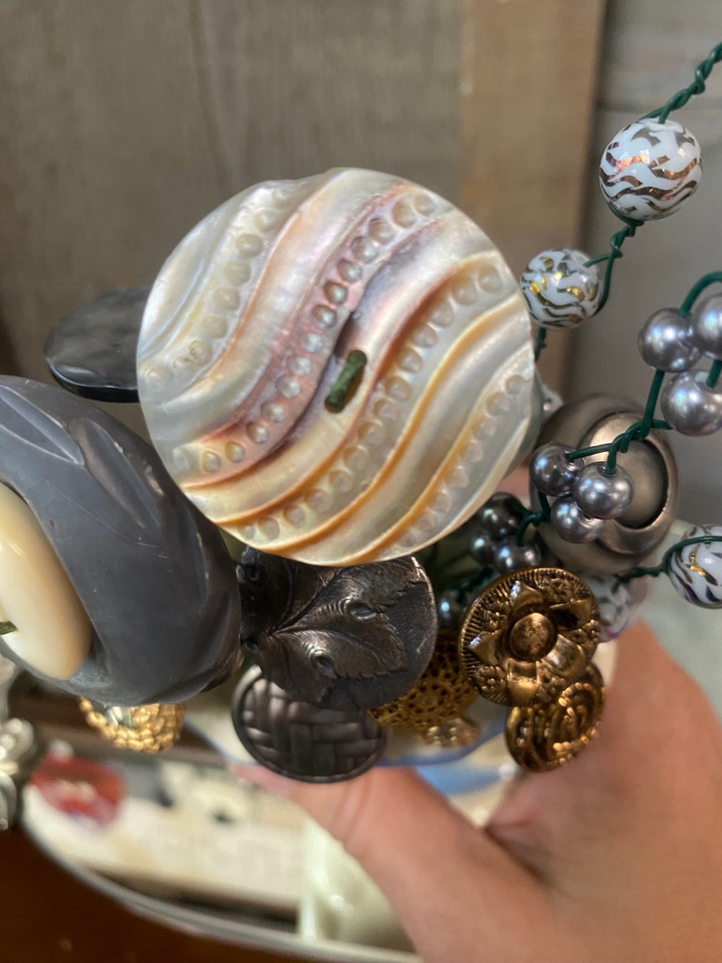 Vintage Blue &white USA Pottery Vase With Button Bouquet, Silver and