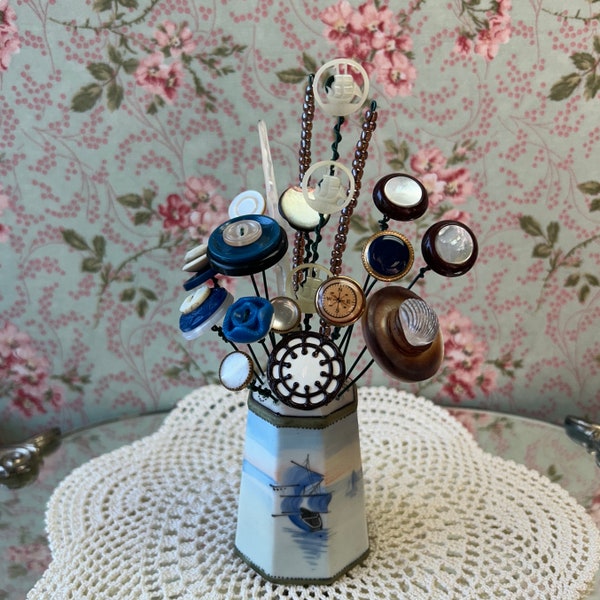 Blue Ships Salt Shaker with Nautical Button Bouquet, Button Flower Art Decoration, Vintage Nippon S&P