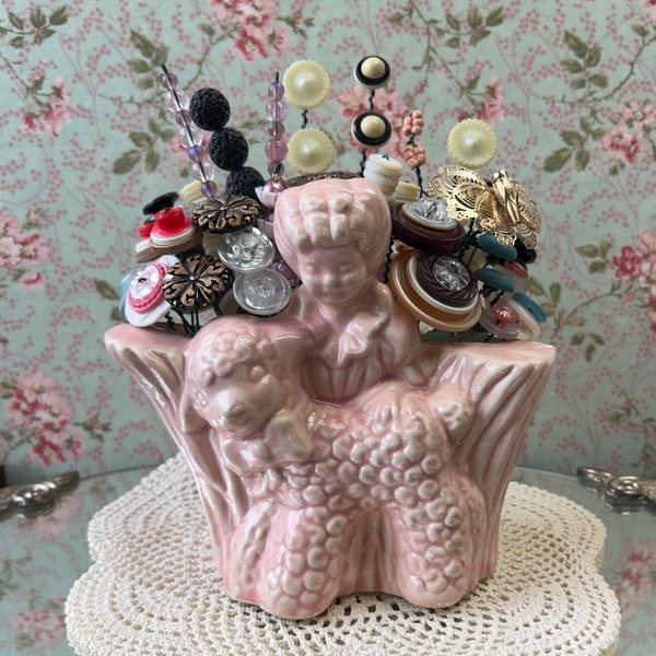 Mary had a Little Lamb Pink Glaze Planter with Button & Jewelry Bouquet, Mid-Century Figural Pottery, Lady w/Sheep Button Art Decoration