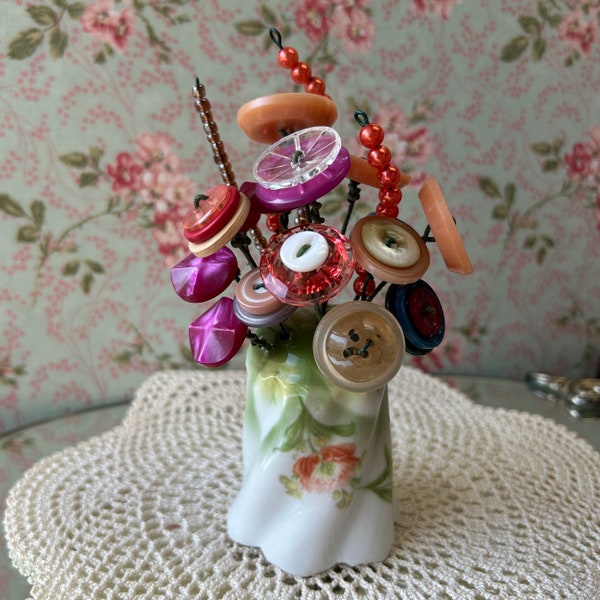Shabby Chic Button Bouquet in Vintage Shaker, Hatpin Holder, Button Art Display, Elegant Gift