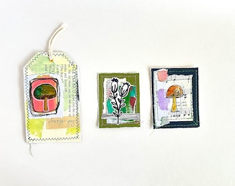 Set of handmade journaling cards and tag, junk journal, art journal, collage, ephemera, gift tags