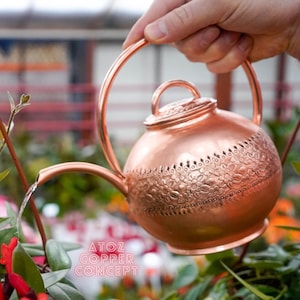 Op de afbeelding: Een koperen gieter met een sierlijk ontwerp wordt gebruikt om een ​​hangende plant met rode bloemen en groene bladeren te begieten. De plant hangt aan een houten frame. De tekst "A to Z Copper Concept" is zichtbaar in de afbeelding.