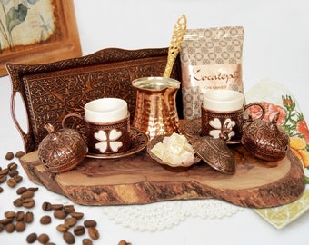 Turkish Coffee Set of 2, Coffee Serving Set, Coffee Cup Set 2, Copper Coffee Pot, Arabic Coffee Set, Coffee Service Set, Brown Coffee Cup.
