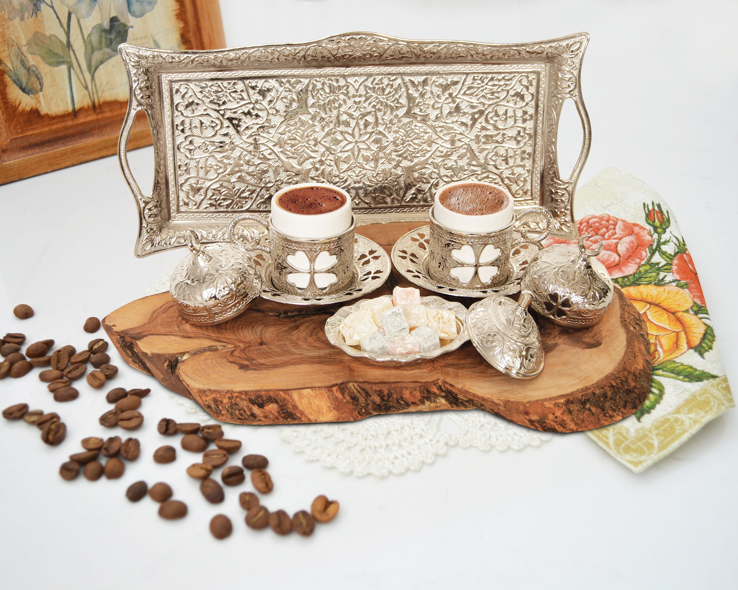 Turkish Coffee Set, Copper Coffee Pot, Porcelain Cups, Serving