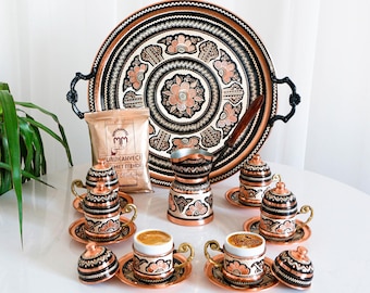 Turkish Coffee Set for 6 with Copper Coffee Pot and Traditional Turkish Coffee, Espresso Set of 6, Coffee Serving Set, Diamond