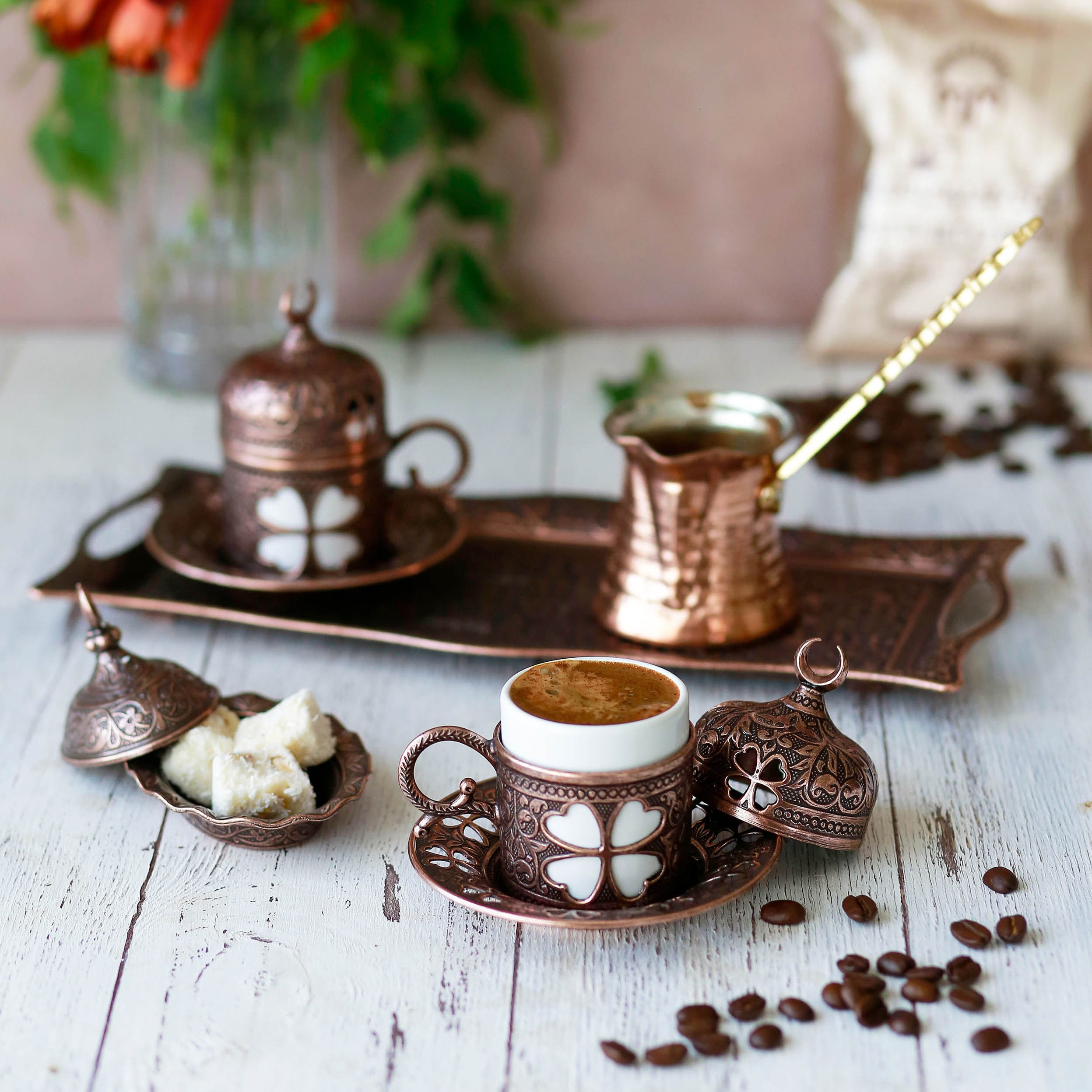 Turkish Coffee Set, Copper Coffee Pot, Porcelain Cups, Serving