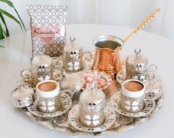 Turkish Coffee Set of Six, Coffee Serving Set, Coffee Cup Set 6, Copper Coffee Pot, Coffee Service Tray Set, Silver Coffee Cup.