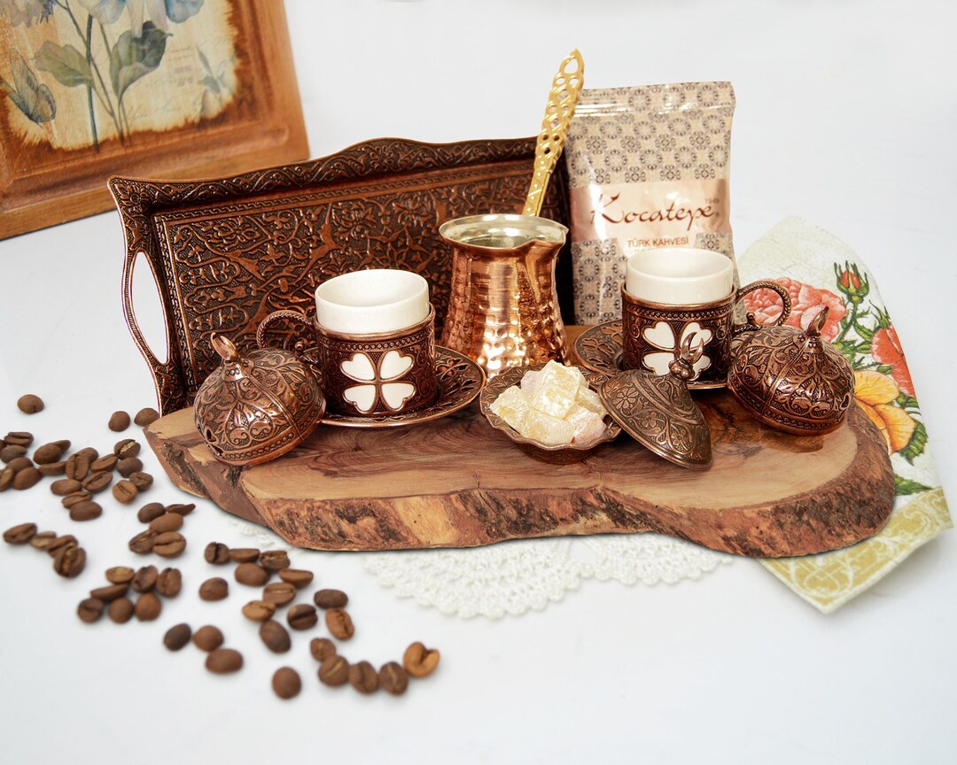 Turkish Coffee Set, Copper Coffee Pot, Porcelain Cups, Serving