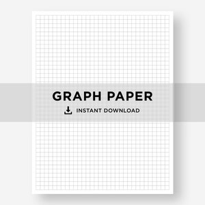 Może przedstawiać: Arkusz białego papieru milimetrowego z siatką cienkich czarnych linii. Półprzezroczysty poziomy pasek na środku zawiera napis GRAPH PAPER pogrubionymi czarnymi wielkimi literami, ikonę pobierania oraz tekst INSTANT DOWNLOAD.
