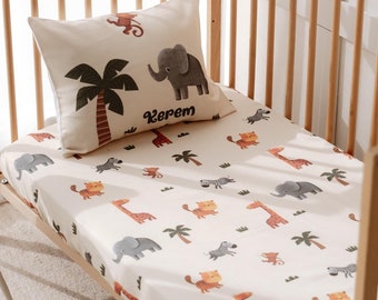 Animals Bedding, Crib Sheets, Personalized Toddler Bedding, Nursery Bedding, Safari animals bed sheet, Baby boy Bedding, Kids Bed Sheet