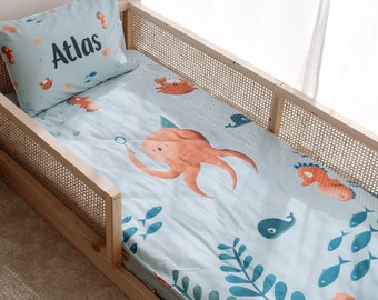 Ocean Bedding, Custom Name Bedding, Toddler Bedding, Baby Sheets, Custom Crib Bedding, Kids Duvet Cover, Under the sea theme nursery