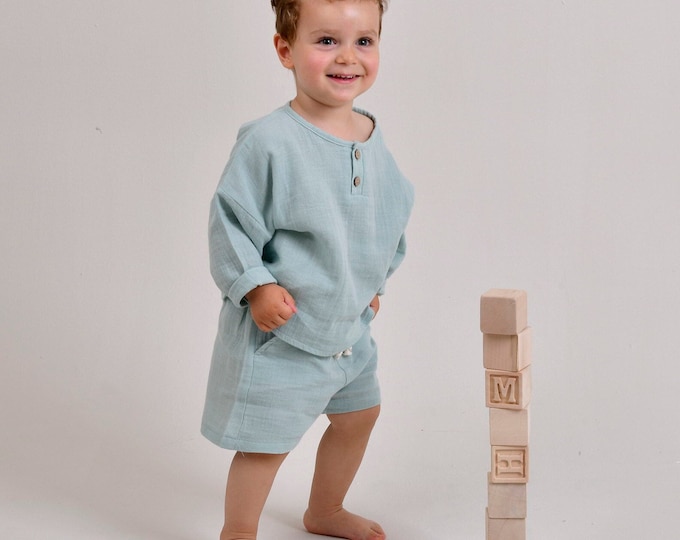 Conjunto de camisa de bebé muselina de algodón orgánico azul - Traje duradero de género neutro para bebés y bebés - Conjunto de ropa orgánica para bebés - Nuevo regalo para bebés