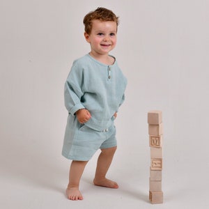 Blue Organic Cotton Muslin Baby Shirt Set - Durable Infant and Baby Gender Neutral Outfit - Organic Baby Clothing Set - New Baby Gift