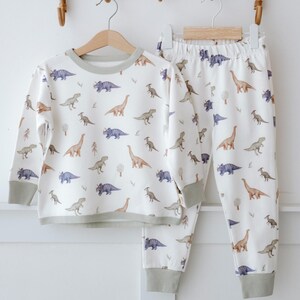 May include: White pajamas with a dinosaur print. The top has long sleeves and a crew neck. The pants have an elastic waistband and a cuffed leg.