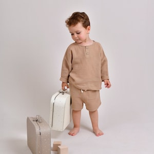 Beige Muslin Baby Clothing Set, Infant Clothing, Gender Neutral Kids Clothing, Baby Summer Outfit, Toddler Long Sleeve Shirt, Baby Shorts