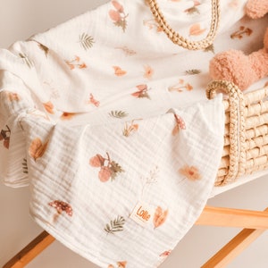 Organic Muslin Blanket, Muslin Swaddle, Forest Eiderdown, Breastfeeding Cover, Newborn Wrap, Personalized Baby Blankie, Stroller Throw image 3