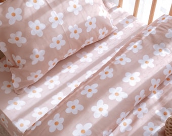 Pink Personalized Baby Bedding Set, Daisy Crib Bedding, Baby Duvet Cover, Twin Size bedding, Organic Cotton Bedding, Toddler Fitted Sheet