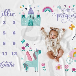 Personalized Milestone Blanket, Princess Milestone Blanket, Personalized Month Tracker, Growth blanket, Baby Girl Photo Prop, Newborn gift