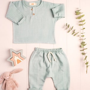 Muslin Baby Clothing Set, Gender Neutral baby wear, Spring Outfit for kids, Long Sleeve muslin shirt, Muslin Harem Pants, Boho Baby Clothing Mint