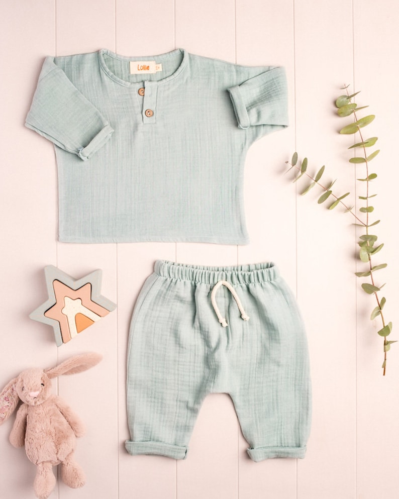 Muslin Baby Clothing Set, Gender Neutral baby wear, Spring Outfit for kids, Long Sleeve muslin shirt, Muslin Harem Pants, Boho Baby Clothing Mint