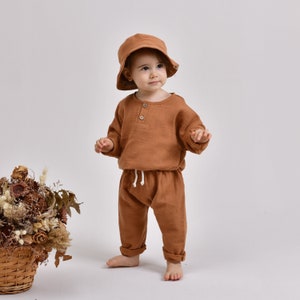 Muslin Baby Clothing Set, Gender Neutral baby wear, Spring Outfit for kids, Long Sleeve muslin shirt, Muslin Harem Pants, Boho Baby Clothing image 1