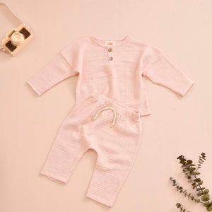 Muslin Baby Clothing Set, Gender Neutral baby wear, Spring Outfit for kids, Long Sleeve muslin shirt, Muslin Harem Pants, Boho Baby Clothing Rose Pink