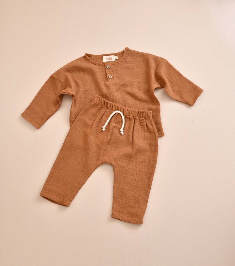 Muslin Baby Clothing Set, Gender Neutral baby wear, Spring Outfit for kids, Long Sleeve muslin shirt, Muslin Harem Pants, Boho Baby Clothing Terra Cotta