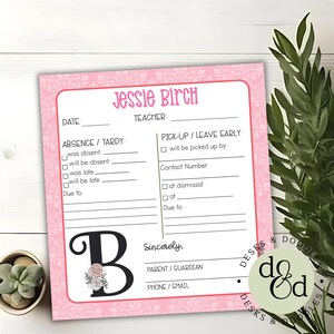 Parent Note School Communication| School Excuse from Parents | Absence Note to Teacher | Early Pickup Note |Student Absence Note from Home