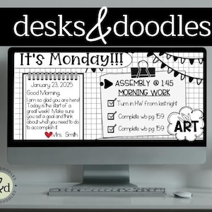 EDITABLE Black & White Classroom Slides | Morning Meeting Slides| Classroom Daily Agenda| Google Slides| Morning Routines| Class Behavior