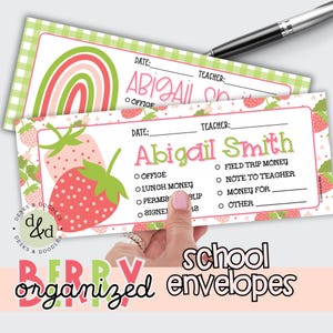 BERRY Organized Personalized School Envelopes | Printed School Money Envelopes| Back School Organization | Parent Notes to School & Teacher