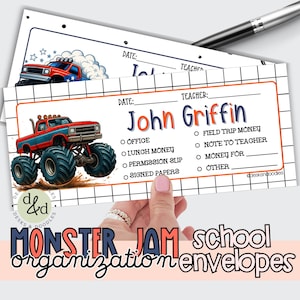 Personalized School Money Envelopes Organized Start Back to School-Monster Truck Themed  Parent Notes to School and Teacher- Envelope Set