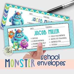 MONSTER Organized Personalized School Envelopes | Printed School Money Envelopes| Back School Organization | Parent Notes to School