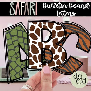 May include: Safari-themed bulletin board letters. The letters A, B, and C are displayed with animal print patterns: green reptile scales, giraffe spots, and tiger stripes. The word "Safari" is in pink and green, and "Bulletin Board Letters" is in black.