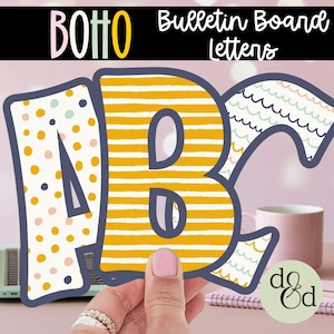 May include: Colorful ABC bulletin board letters. The letters are decorated with patterns including polka dots, stripes, and wavy lines. The letters are outlined in a dark blue color. The background includes the word "Boho" and "Bulletin Board Letters".