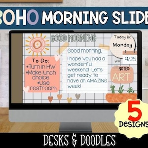 BOHO morgonmeddelande Google-presentationer, Tillbaka till skolan, God morgon-presentationer, Klassrumshantering, Morgonarbete-presentationer, Redigerbara