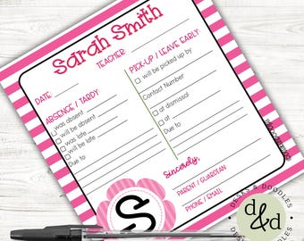 May include: A pink and white striped attendance and early dismissal form with the name "Sarah Smith" at the top. A black pen rests on the form. The form includes sections for date, absence/tardy, and pick-up/leave early information.