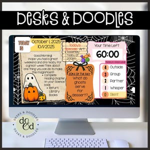 May include: A computer monitor showing a digital planner with a Halloween theme. The screen features a ghost, pumpkins, and the text "Desks & Doodles." It includes a daily schedule, a joke, and a timer. The monitor is on a white desk.
