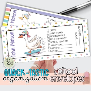 DUCK Organized Personalized School Envelopes | Printed School Money Envelopes| Back School Organization | Parent Notes to School & Teacher