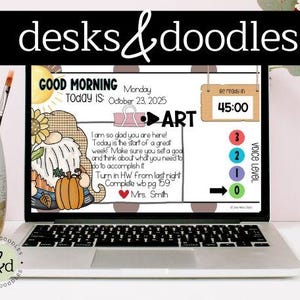 May include: A laptop screen displaying a colourful digital classroom welcome message with a cartoon gnome, a pumpkin, and the text "GOOD MORNING Today IS: October 23, 2025 Monday". The screen also shows a countdown timer with the text "Be ready in 45:00" and a voice level indicator.