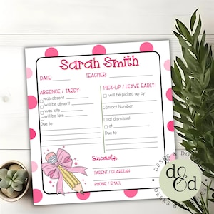 School Excuse Parent Communication| School Excuse from Parents | Absence Note to Teacher | Early Pickup Note |Student Absence Note from Home