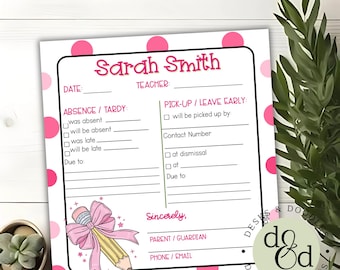 School Excuse Parent Communication| School Excuse from Parents | Absence Note to Teacher | Early Pickup Note |Student Absence Note from Home