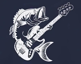 Puede incluir: Una silueta blanca de un pez de bajo tocando un bajo. El pez sostiene la guitarra con sus aletas y cola.