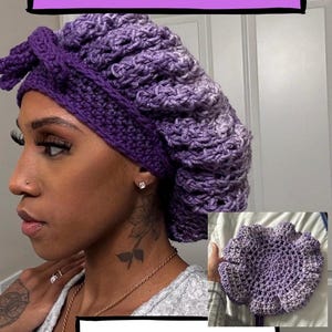 May include: Purple and white crochet bonnet pattern with an instant download option. The pattern features a textured design and a tie at the top.