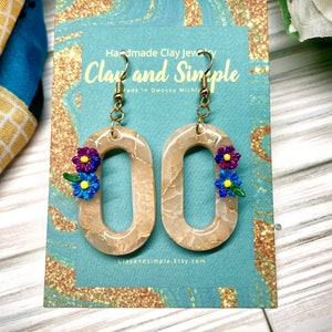 Floral Polymer Clay Hoop Earrings: Gold Foil Boho Earrings